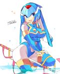  1girl android blue_eyes blush breasts commentary_request dated hand_on_own_thigh head_tilt helmet iroyopon large_breasts leviathan_(rockman) open_mouth riding rockman rockman_zero signature simple_background smile solo staff_riding thighhighs white_background 
