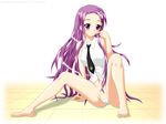  1024x768 blush kakizaki_misa long_hair misa_kakizaki necktie negima purple_eyes purple_hair sitting smile spread_legs tie 