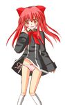  aloe_(quiz_magic_academy) black_dress blush bow bow_panties dress hair_bow kneehighs long_hair open_mouth panties pink_panties quiz_magic_academy red_eyes red_hair side-tie_panties sleeves_past_wrists solo takatsuki_(ive) underwear white_legwear wind wind_lift 