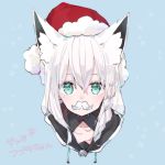 1girl animal_ears aoiro_0w0 blue_background blue_eyes braid collarbone commentary_request facial_hair fox_ears hair_between_eyes hat hololive looking_at_viewer mustache portrait santa_hat shirakami_fubuki side_braid silver_hair simple_background snowflakes solo translation_request virtual_youtuber 
