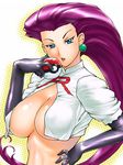  big_hair black_gloves blue_eyes breasts earrings elbow_gloves gloves hair_slicked_back holding holding_poke_ball jewelry large_breasts lipstick long_hair makeup musashi_(pokemon) pink_hair poke_ball poke_ball_(generic) pokemon pokemon_(anime) purple_hair solo team_rocket ueyama_michirou underboob 