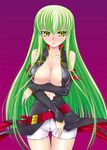  areola_slip areolae bangs blush breast_hold breasts c.c. cleavage code_geass detached_sleeves fujimaru_arikui green_hair large_breasts long_hair nipple_slip nipples open_clothes open_shirt shirt short_shorts shorts solo thigh_gap yellow_eyes 