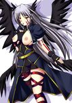  black_wings breasts facial_mark gloves kuronezumi large_breasts lyrical_nanoha mahou_shoujo_lyrical_nanoha mahou_shoujo_lyrical_nanoha_a's multiple_wings nipples red_eyes reinforce silver_hair solo thighhighs torn_clothes wings 
