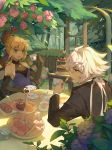  1boy 1girl absurdres ahoge artoria_pendragon_(all) black_gloves black_jacket blonde_hair blue_dress cake candy commentary_request cream cup dress elbow_gloves fate/grand_order fate/stay_night fate_(series) flower food gloves green_eyes hair_ornament highres holding holding_cup huge_filesize jacket kotatsu_kaya long_hair merlin_(fate) outdoors pink_flower pink_rose red_flower red_rose ribbon rose saber sandwich sleeveless sleeveless_dress smile teacup teapot white_hair 