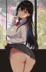  1girl ass black_hair blue_eyes blush bow bowtie breasts glasses highres indoors lifted_by_self long_hair looking_at_viewer mole mole_on_ass mole_under_mouth original panties pleated_skirt rain school_uniform side-tie_panties skirt skirt_lift smile solo takaharu translation_request underwear white_panties 