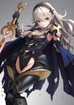  +5cm 1boy absurdres armored_boots armored_leotard bangs black_footwear black_gloves black_hairband black_leotard blue_cape boots breasts cape cleavage closed_mouth corrin_(fire_emblem) corrin_(fire_emblem)_(female) elbow_gloves faulds fire_emblem fire_emblem_fates gloves gradient gradient_background grey_background groin hair_between_eyes hairband highres holding holding_sword holding_weapon leotard long_hair pink_eyes pointy_ears shoulder_armor silver_hair small_breasts smile sword thigh_boots thighhighs very_long_hair water_drop weapon yato_(fire_emblem) 
