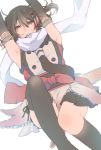  1girl armpits arms_up black_legwear brown_eyes brown_hair hair_between_eyes kantai_collection kneehighs mismatched_legwear rinto_(rint_rnt) scarf sendai_(kantai_collection) short_hair single_kneehigh single_thighhigh skirt skirt_lift solo thighhighs thighs two_side_up white_background white_scarf 