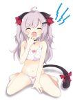  1girl animal_ears barefoot breasts cat_ears cat_tail closed_eyes commentary_request ears_down fang full_body long_hair massala navel open_mouth original purple_hair sitting small_breasts tail tears two_side_up underwear underwear_only wariza yawning 