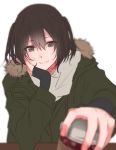  1girl blurry brown_eyes brown_hair chin_rest closed_mouth cup depth_of_field disposable_cup foreshortening fur_collar giving green_jacket hair_between_eyes incoming_drink jacket kantai_collection long_sleeves looking_at_viewer open_clothes open_jacket rinto_(rint_rnt) sendai_(kantai_collection) short_hair simple_background smile solo two_side_up upper_body white_background 