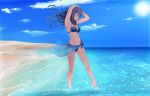  1girl alternate_costume arm_over_head armpits arms_up barefoot beach bikini blue_bikini blue_eyes blue_hair blue_sky breasts cleavage commentary day fire_emblem fire_emblem_awakening fire_emblem_heroes hair_lift highres long_hair lucina_(fire_emblem) medium_breasts navel ocean outdoors sand sarong sky solo stomach swimsuit symbol_commentary tiara toned tusia wading water 