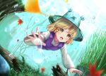  1girl air_bubble animal blonde_hair bubble commentary_request day dutch_angle foreshortening frog hair_ribbon hat highres kelp long_sleeves looking_at_viewer luke_(kyeftss) moriya_suwako purple_vest pyonta red_ribbon ribbon shirt smile solo swimming touhou tress_ribbon underwater vest water white_shirt wide_sleeves yellow_eyes 