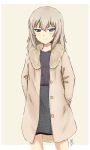  1girl artist_name bangs beige_background black_dress blue_eyes brown_coat cardigan casual closed_mouth coat commentary dated dress eyebrows_visible_through_hair fur-trimmed_coat fur_trim girls_und_panzer half-closed_eyes hands_in_pockets itsumi_erika light_blush long_sleeves looking_at_viewer ma-2_(konkon_kitakitsune) medium_dress medium_hair open_cardigan open_clothes outside_border signature silver_hair smile solo standing winter_clothes 