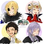  2girls 4boys blonde_hair blue_eyes blue_hair brown_hair byleth_(fire_emblem) byleth_(fire_emblem)_(female) byleth_(fire_emblem)_(male) claude_von_riegan closed_eyes dimitri_alexandre_blaiddyd earrings edelgard_von_hresvelg eyepatch feyyyyyyk fingersmile fire_emblem fire_emblem:_three_houses green_eyes green_hair grin headpiece highres horns jewelry multiple_boys multiple_girls open_mouth purple_hair short_hair simple_background smile twitter_username white_hair yuri_(fire_emblem) 