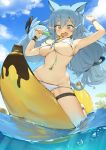  1girl absurdres animal_ears armpits arms_up banana_boat bare_shoulders bell bikini blue_eyes blue_hair breasts cat_ears cat_girl cat_tail cleavage cloud covered_nipples crying crying_with_eyes_open day dripping fang food front-tie_bikini front-tie_top groin highres holding huge_filesize jingle_bell large_breasts long_hair navel open_mouth original outdoors popsicle romana skindentation sky solo stomach string_bikini swimsuit tail tears thigh_strap thighs water white_bikini wristband 