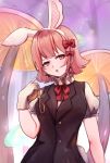  1girl alice_in_wonderland alternate_costume animal_ears bangs bow breasts bunny_ears commentary_request danganronpa earrings eyebrows_visible_through_hair fake_animal_ears flipped_hair gloves hair_bow hair_ornament highres holding jewelry large_breasts mushroom nanami_chiaki pink_eyes pink_hair red_bow red_ribbon ribbon short_hair short_sleeves snowharasho solo super_danganronpa_2 upper_body white_gloves 