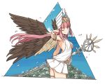  1girl ass bangs blush breasts brown_wings circe_(fate/grand_order) eyebrows_visible_through_hair fate/grand_order fate_(series) feathered_wings from_side head_wings holding holding_staff jewelry long_hair looking_at_viewer one_eye_closed pink_hair pointing pointing_at_viewer pointy_ears shiseki_hirame skirt smile solo staff white_skirt wings 