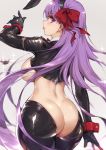  1girl animal_ears bangs bb_(fate)_(all) bb_(fate/extra_ccc) breasts bunny_ears commentary eyebrows_visible_through_hair fake_animal_ears fate/grand_order fate_(series) gloves hair_ribbon haoni highres inverted_costume large_breasts long_hair long_sleeves looking_at_viewer purple_eyes purple_hair revealing_clothes reverse_bunnysuit ribbon simple_background solo tongue tongue_out very_long_hair wrist_cuffs 