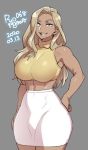  1girl abs agawa_ryou bare_shoulders blonde_hair blue_eyes breasts commentary dark_skin dated grey_background hand_on_hip kirihara_torajyuro_tatsumune large_breasts long_hair looking_at_viewer midriff muscle original signature simple_background skirt solo standing toned white_skirt 