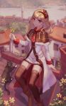  1girl animal azur_lane bekko boots bow cat chimney coat dorsetshire_(azur_lane) flower highres holding holding_flower lighthouse looking_at_viewer roofing_tile rooftop sitting thighhighs white_coat window 