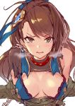  1girl absurdres bangs bare_shoulders beatrix_(granblue_fantasy) blue_ribbon blush bound breasts brown_eyes brown_hair chain cleavage collar granblue_fantasy hair_ornament hair_ribbon highres large_breasts long_hair looking_at_viewer nishin_(nsn_0822) open_mouth ponytail ribbon simple_background solo swept_bangs torn_clothes white_background 