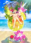  1boy arm_rest beach blonde_hair cherry cocktail_glass cocktail_umbrella crossed_legs cup drinking_glass fate/grand_order fate_(series) flower food fruit green_eyes highres jason_(fate/grand_order) looking_at_viewer male_focus ocean open_mouth redrop signature smile solo textless umbrella wet 