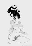  1girl black_sclera breasts choker crop_top cropped_legs cutoffs denim denim_shorts dong_(wandong44944) extra_eyes facial_mark genderswap genderswap_(mtf) greyscale highres kimetsu_no_yaiba kokushibou large_breasts long_hair midriff monochrome navel open_fly open_pants ponytail short_shorts shorts simple_background skindentation solo underboob weibo_username 