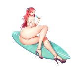  1girl ass b-11_night_angel eating food from_behind high_heels highres holding holding_food kakiman last_origin long_hair looking_at_viewer looking_back official_art one-piece_swimsuit one_side_up popsicle red_eyes red_hair scrunchie sexually_suggestive solo suggestive_fluid surfboard swimsuit tachi-e wet white_swimsuit 