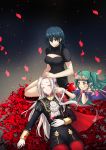  3girls blue_eyes blue_hair braid breasts byleth_(fire_emblem) byleth_(fire_emblem)_(female) cape cleavage closed_eyes closed_mouth edelgard_von_hresvelg fire_emblem fire_emblem:_three_houses flower garreg_mach_monastery_uniform gloves green_eyes green_hair hair_ornament hair_ribbon highres long_hair long_sleeves lying mizonaki multiple_girls on_stomach open_mouth petals pointy_ears red_cape ribbon ribbon_braid sitting sothis_(fire_emblem) tiara twin_braids uniform white_gloves white_hair 