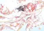  2girls bare_shoulders black_hair blush closed_eyes dress elbow_gloves flower frills garter_straps gloves hair_ornament jewelry kyomono_(hjxop) love_live! love_live!_school_idol_festival love_live!_school_idol_project multiple_girls nishikino_maki red_hair smile thighhighs tiara twintails wedding wedding_dress white_dress white_legwear yazawa_nico yuri 