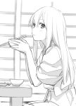  1girl akagi_(kantai_collection) bowl chopsticks eating greyscale holding holding_bowl holding_chopsticks indoors kantai_collection kinosuke_(sositeimanoga) long_hair looking_at_viewer monochrome open_mouth sitting solo table 