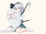  blue_eyes dtvisu gray_hair headband hug katana konpaku_youmu myon shirt short_hair skirt socks sword touhou weapon 