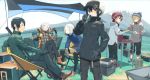  boots camping camping_chair cup dishes drinking gloves highres katana kino kino_no_tabi mug shizu short_hair sitting sword tea_(kino_no_tabi) tomboy weapon 