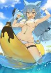  1girl absurdres animal_ears armpits arms_up banana_boat bare_shoulders bell bikini blue_eyes blue_hair breasts cat_ears cat_girl cat_tail cleavage cloud covered_nipples crying crying_with_eyes_open day dripping fang food front-tie_bikini front-tie_top groin highres holding jingle_bell large_breasts long_hair navel open_mouth original outdoors popsicle revision romana skindentation sky solo stomach string_bikini swimsuit tail tears thigh_strap thighs water white_bikini wristband 