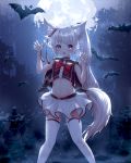  &gt;:o 1girl absurdres animal_ear_fluff animal_ears bat choker flat_chest highres kemonomimi_mode long_hair moon night open_mouth original ponytail red_eyes saku6647 skindentation skirt tail thighhighs white_legwear wolf_ears 