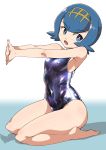  1girl absurdres barefoot blue_swimsuit blush breasts bright_pupils highres new_school_swimsuit pokemon pokemon_(game) school_swimsuit suiren_(pokemon) swimsuit tan tanline trial_captain user_zunv2278 