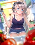  1girl bare_arms bare_shoulders black_camisole black_hairband blue_eyes blue_shorts blurry blurry_background blurry_foreground blush bottle breasts camisole cleavage closed_mouth collarbone commentary_request day depth_of_field grey_hair hairband hand_up highres indoors jug kaguya-sama_wa_kokurasetai_~tensai-tachi_no_renai_zunousen~ long_hair looking_at_viewer medium_breasts midriff_peek navel refrigerator shirogane_kei short_shorts shorts solo striped striped_hairband sunlight swordsouls tomato very_long_hair window 