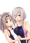 2girls absurdres black_swimsuit blue_eyes breast_press breasts commentary_request cowboy_shot flat_chest flying_sweatdrops grey_eyes grey_hair hachimaki hair_ornament hair_over_one_eye hairclip hamakaze_(kantai_collection) headband high_ponytail highleg highleg_swimsuit highres holding_hands kantai_collection large_breasts long_hair looking_at_viewer multiple_girls sarfata short_hair silver_hair simple_background swimsuit symmetrical_docking white_background white_swimsuit zuihou_(kantai_collection) 