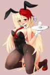  1girl animal_ears bare_shoulders between_breasts bird_wings black_legwear black_leotard blonde_hair blush breasts bunny_ears bunny_tail bunnysuit detached_collar egg fake_animal_ears full_body gloves highres holding kneeling large_breasts leotard looking_at_viewer multicolored_hair nama_shirasu niwatari_kutaka nose_blush pantyhose red_eyes red_footwear red_hair red_neckwear shoes simple_background smile solo sweat tail touhou tray two-tone_hair white_gloves wings wrist_cuffs 