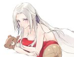  1girl blanket blush breasts edelgard_von_hresvelg fire_emblem fire_emblem:_three_houses hair_ribbon kisetsu long_hair looking_at_viewer medium_breasts nude pillow purple_eyes ribbon silver_hair stuffed_animal stuffed_toy teddy_bear 