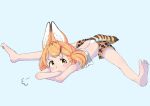  1girl :3 =3 adapted_costume alternate_hairstyle animal_ears bare_arms bare_legs bare_shoulders barefoot blonde_hair commentary_request crop_top crossed_arms extra_ears eyebrows_visible_through_hair flexible hair_ornament hairclip kemono_friends print_shorts serval_(kemono_friends) serval_ears serval_girl serval_print serval_tail shirt short_hair short_twintails shorts sitting sleeveless smug solo stretch tail twintails white_shirt yakko_picture yellow_eyes 