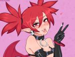  1girl :d afrobull bangs bare_shoulders black_gloves blush collar cum cum_in_mouth cum_on_tongue cum_string demon_girl disgaea earrings elbow_gloves etna eyebrows_visible_through_hair eyes_visible_through_hair facial fang flat_chest gloves hair_between_eyes heart jewelry looking_at_viewer makai_senki_disgaea open_mouth patreon_username pink_background pointy_ears red_eyes red_hair short_hair simple_background skull_earrings smile solo tongue tongue_out twintails upper_body v wings 