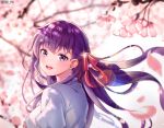  1girl artist_name bangs breasts cherry_blossoms commentary_request eyebrows_visible_through_hair fate/stay_night fate_(series) hair_ribbon heaven&#039;s_feel highres large_breasts long_hair long_sleeves looking_at_viewer matou_sakura nelf pink_ribbon purple_eyes purple_hair ribbon shirt smile solo white_shirt 
