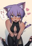  1girl absurdres animal_ear_fluff animal_ears bangs bare_shoulders between_legs black_gloves blush breasts cat_ears cat_girl cat_tail cleavage cleavage_cutout collarbone commentary dark_skin eyebrows_visible_through_hair fangs fate/grand_order fate_(series) from_above gloves hair_between_eyes hand_between_legs hassan_of_serenity_(fate) heart hekonda_kan highres looking_at_viewer medium_breasts navel open_mouth purple_eyes purple_hair short_hair sidelocks sitting slit_pupils solo stirrup_legwear stomach tail toeless_legwear wariza 