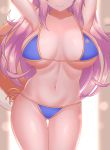  1girl absurdres arms_up ass_visible_through_thighs bare_shoulders bikini blue_bikini breasts close-up closed_mouth cowboy_shot fang fang_out fate/grand_order fate_(series) fox_tail head_out_of_frame highres jifuwabe large_breasts light_smile lips long_hair navel pink_hair side-tie_bikini solo stomach swimsuit tail tamamo_(fate)_(all) tamamo_no_mae_(fate) tamamo_no_mae_(swimsuit_lancer)_(fate) thigh_gap 