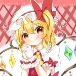  1girl blonde_hair blush checkered checkered_background cravat eyebrows_visible_through_hair flandre_scarlet gloves hair_between_eyes hand_on_own_cheek hands_clasped hat hat_ribbon head_tilt heart interlocked_fingers lace_border looking_at_viewer mob_cap natsune_ilasuto one_side_up own_hands_together pink_background puffy_short_sleeves puffy_sleeves ribbon shirt short_hair short_sleeves smile solo touhou two-tone_background upper_body white_background white_gloves white_headwear white_shirt wings wrist_cuffs yellow_neckwear 
