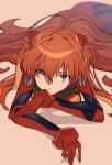  1girl ass bangs blue_eyes bodysuit hair_between_eyes hair_ornament hairpods highres interface_headset long_hair looking_at_viewer lying neon_genesis_evangelion on_stomach parted_lips pilot_suit plugsuit red_hair shiny shiny_hair solo souryuu_asuka_langley wwwrkgk 