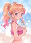  aikatsu!_(series) aikatsu_stars! bikini blonde_hair blush bow brown_eyes bubble_tea cup drinking eyelashes flower frilled_bikini frills gradient_hair hair_bow halterneck holding holding_cup katou_akatsuki looking_at_viewer looking_to_the_side multicolored_hair nijino_yume ocean smile swimsuit twintails upper_body 