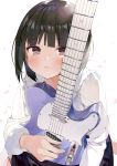  1girl black_skirt blouse blush brown_eyes brown_hair closed_mouth commentary_request electric_guitar guitar highres holding holding_instrument instrument looking_at_viewer matsui_hiroaki original short_hair skirt solo telecaster white_background white_blouse 