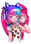  1girl andrea_cofrancesco blue_hair blush cat_ear_headphones claw_pose copyright_request fingernails hand_up headphones heart heart_necklace heart_print jewelry looking_at_viewer multicolored_hair necklace open_mouth pink_background purple_eyes purple_hair red_nails shirt short_sleeves signature solo two-tone_hair upper_body white_shirt zoom_layer 