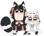  2girls :3 animal_ear_fluff animal_ears arms_behind_back bailingxiao_jiu bell beret bkub_(style) black_bow black_footwear black_hair black_legwear blue_bow blue_eyes blue_hair blush bow braid brown_sweater closed_mouth fox_ears fox_girl fox_hair_ornament fox_tail glasses hair_bow hair_ornament hairclip hat jacket jingle_bell leaf leaf_on_head multicolored_hair multiple_girls open_clothes open_jacket original pince-nez pink_bow pink_hair poptepipic raccoon_ears raccoon_girl raccoon_tail red-framed_eyewear red_eyes shoes short_hair simple_background standing streaked_hair striped_tail sweater tail thighhighs white_background white_hair white_headwear white_jacket white_legwear 